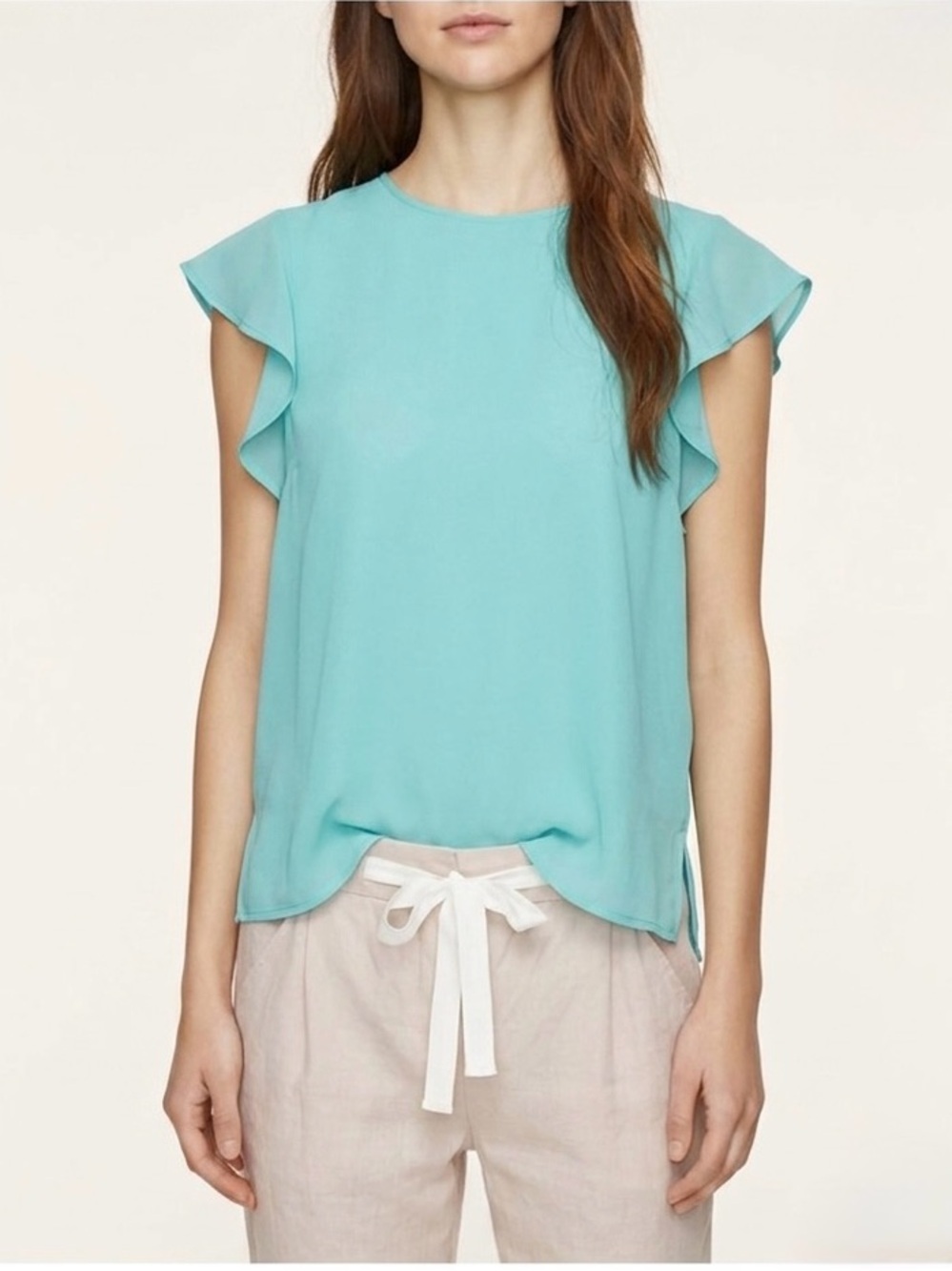 Aritzia Babaton Ruffle Sleeve Top Round Neck Side Slits Flutter Blouse Teal Blue